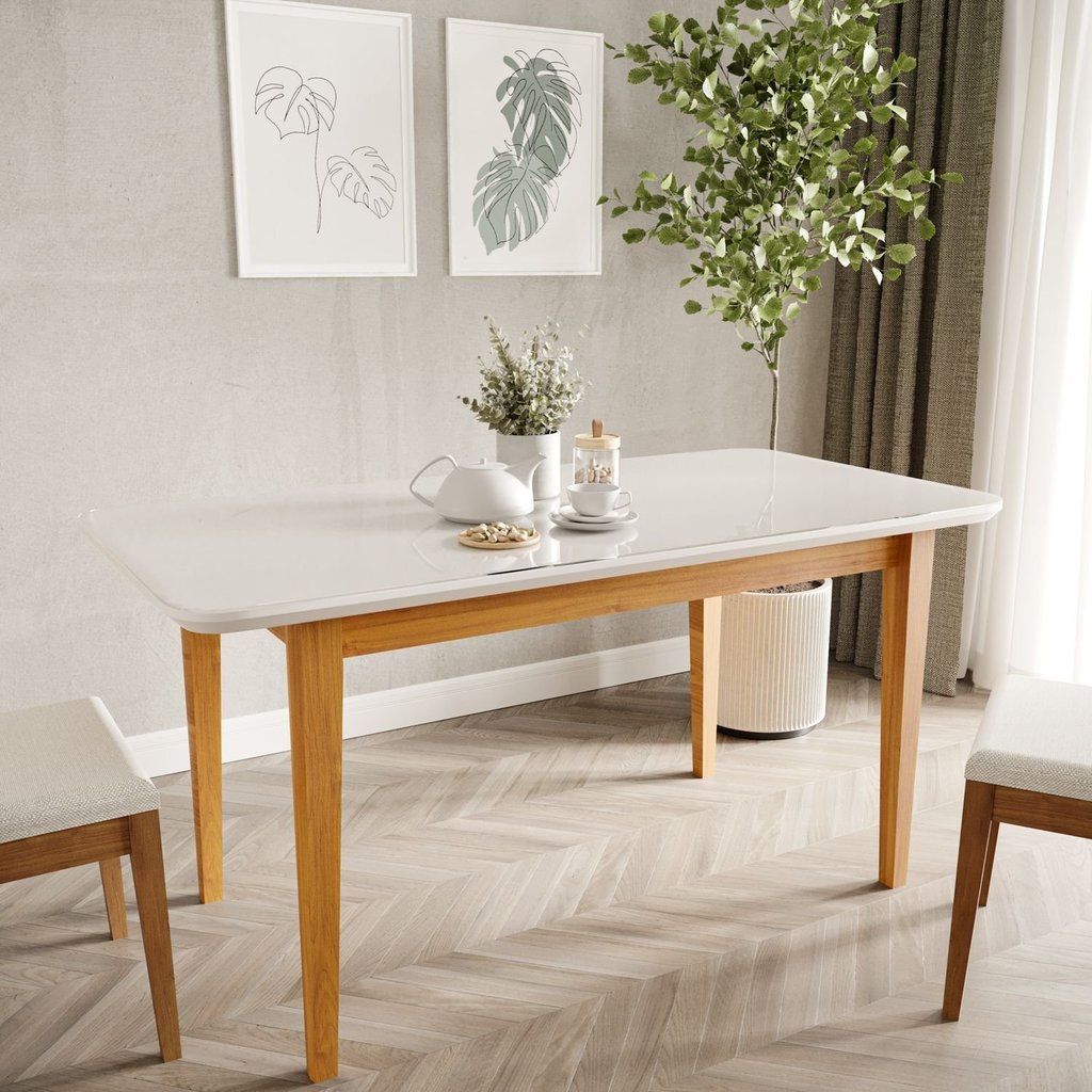 Mesa de Jantar 6 Lugares 160cm com Tampo MDF e Vidro Tangará CabeCasa MadeiraOriginals Caramelo/Off White