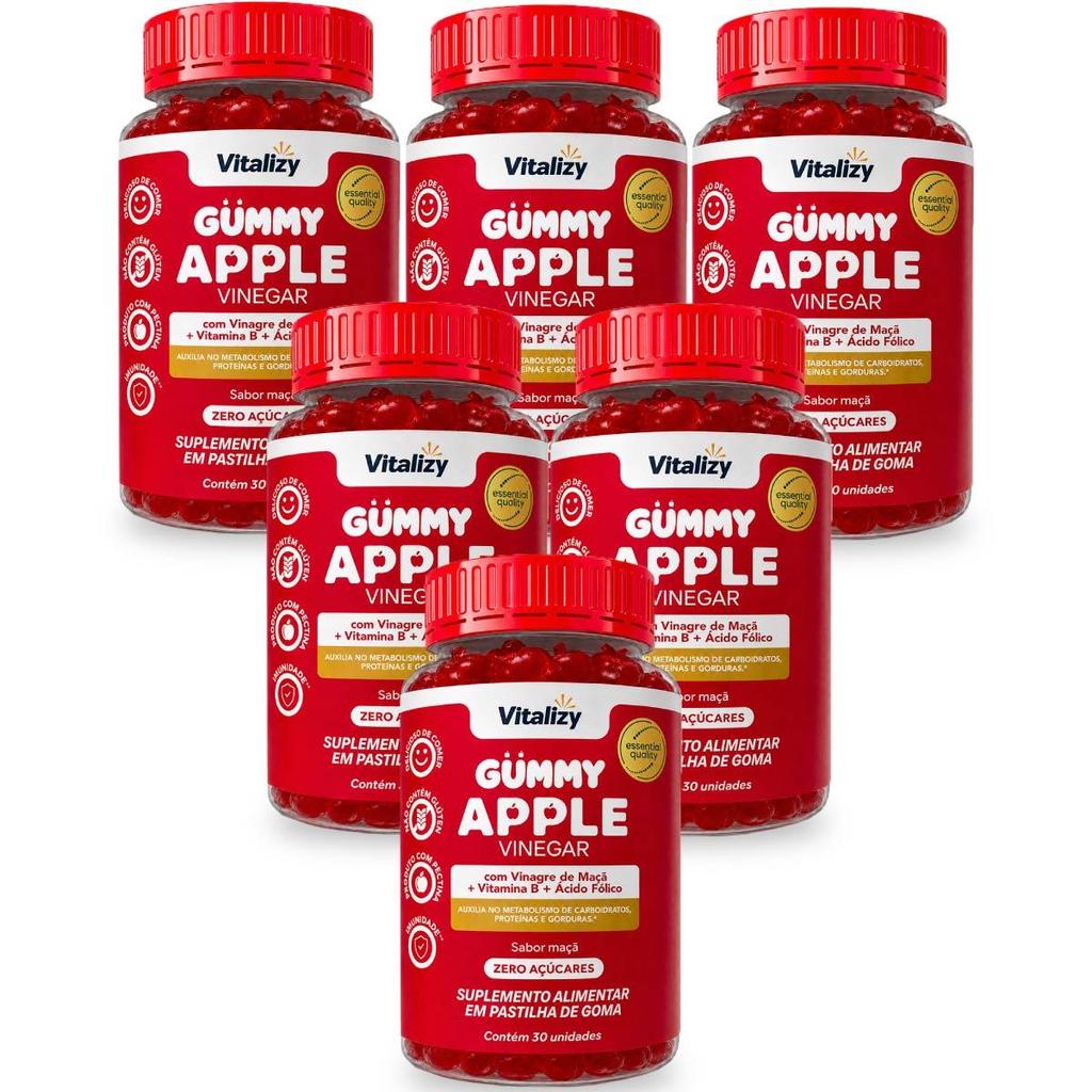 Kit 6x30 Gummy Vinagre de Maçã em Gomas Apple Cider Vinegar Zero Açúcar Vitalizy