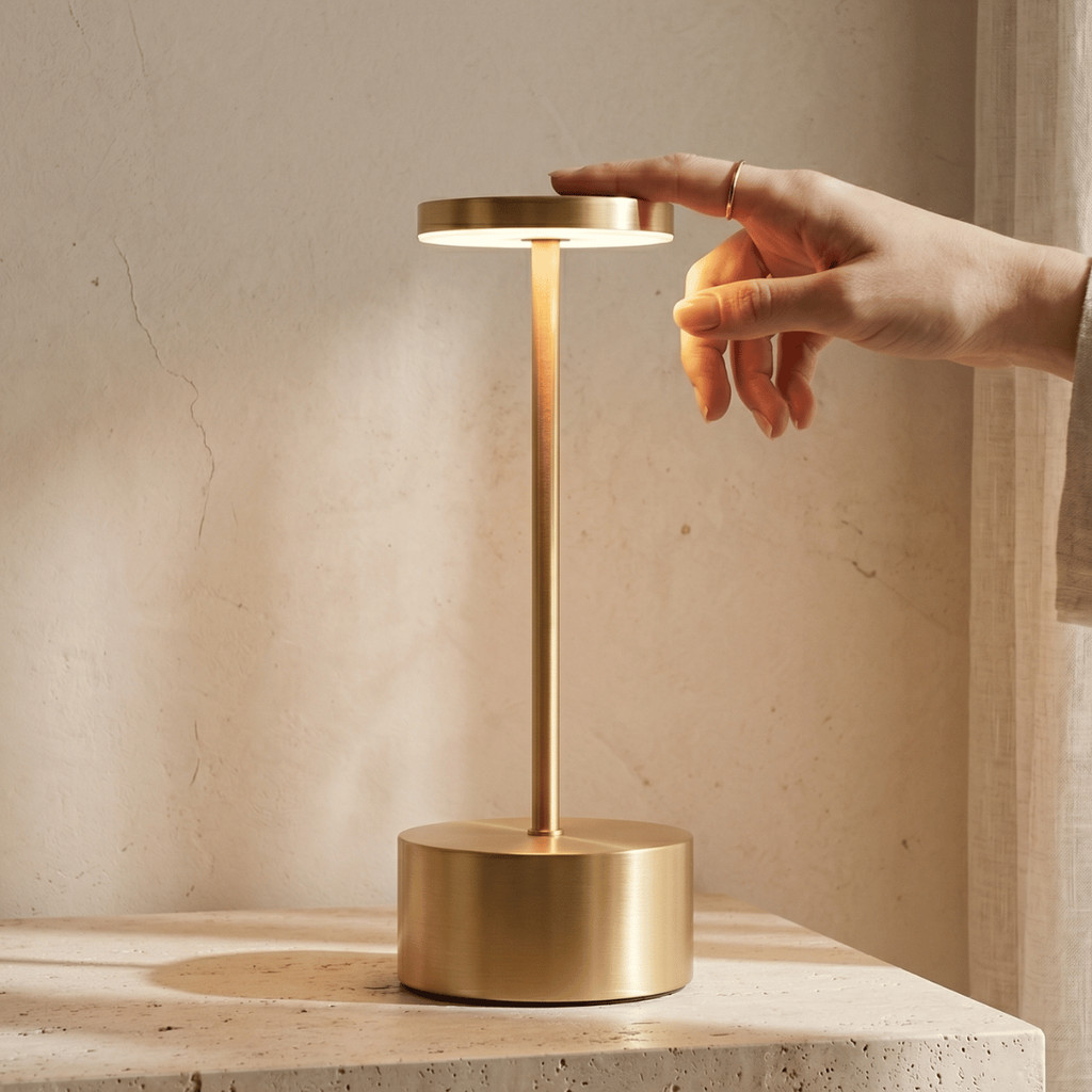 Luminaria De Mesa Sem Fio Abajur Recarregavel Touch Led Metal Dourado Quarto Escritorio Luxo 34cm