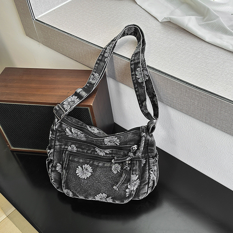 Bolsa para celular de grande capacidade, Material jeans, zíper multicamadas, bolsa de ombro com