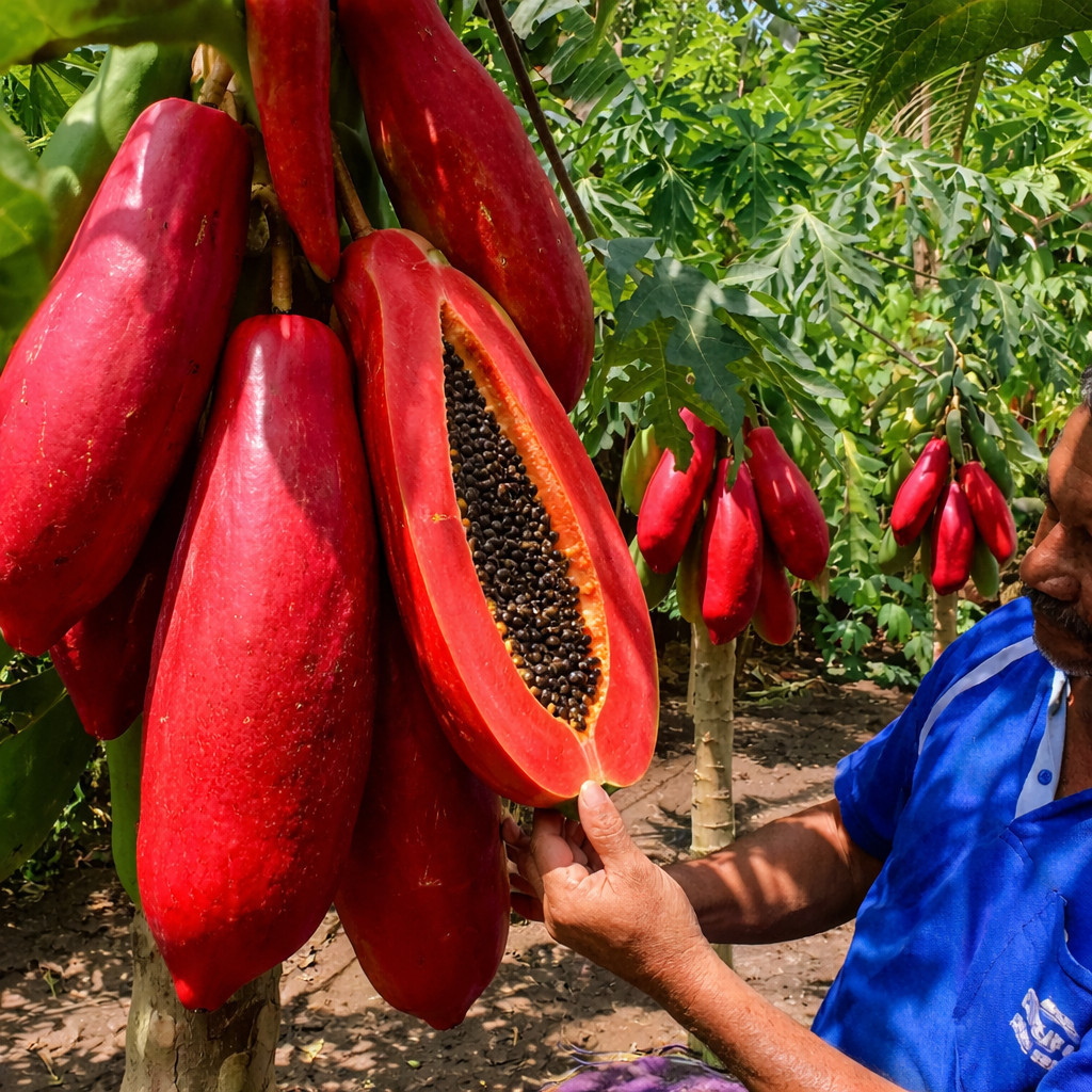 Horta Caseira 20 Sementes Mamão Vermelho Gigante Premium Frutos Enormes Polpa Vermelha doce Crescimento