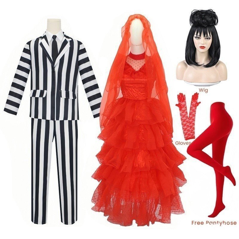 Fantasia de Cosplay Anime Juice Beetle, Fantasia Listrada em Preto e Branco, Vestido de Noiva Vermelho da Lydia, Filme 9