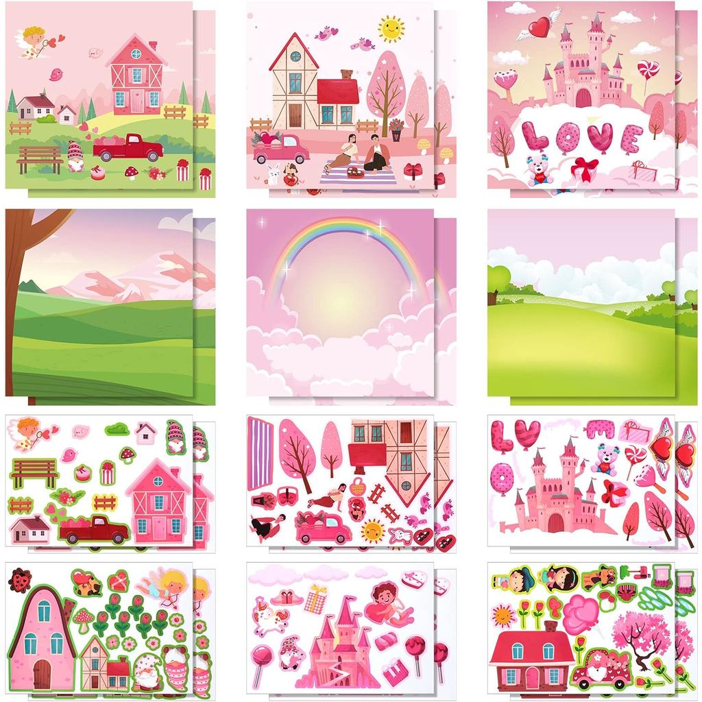 24 Pcs Valentines Scene Sticker for Kids Valentine Crafts Make Your Own Stickers with Sweet House Scene Cardboard with H