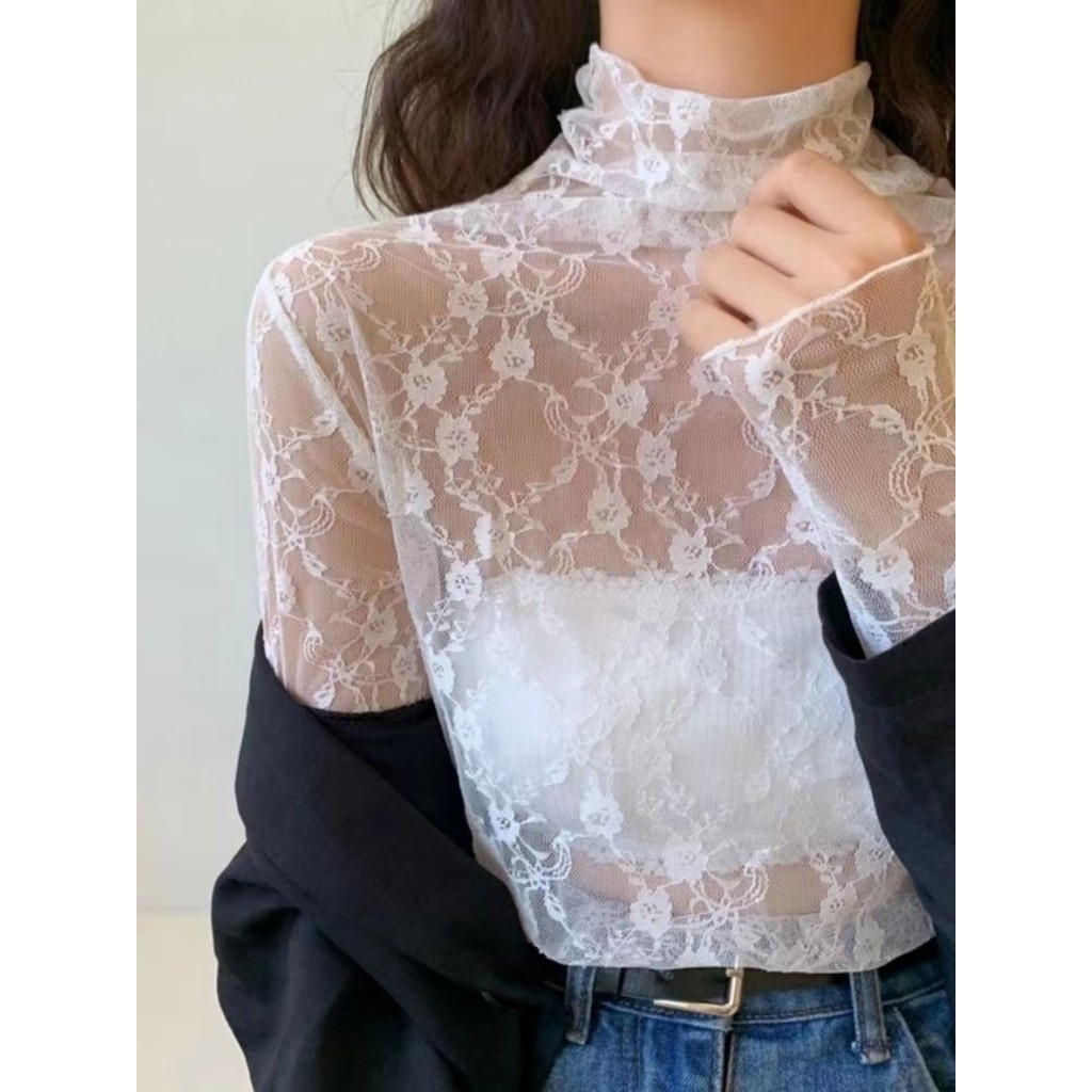 Fada gaze camisa de fundo feminina primavera branco pequena camisa oco Sexy protetor solar blusa renda camisa manga long