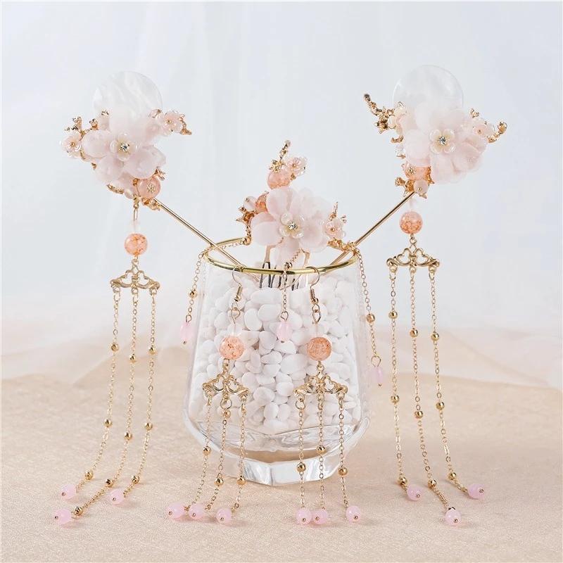 Moda Feminina Noiva Hairpin Menina Antiguidade Hanfu Hairband Adesivo 5 Peça Conjunto Franja Passo Chinês Tradicional De