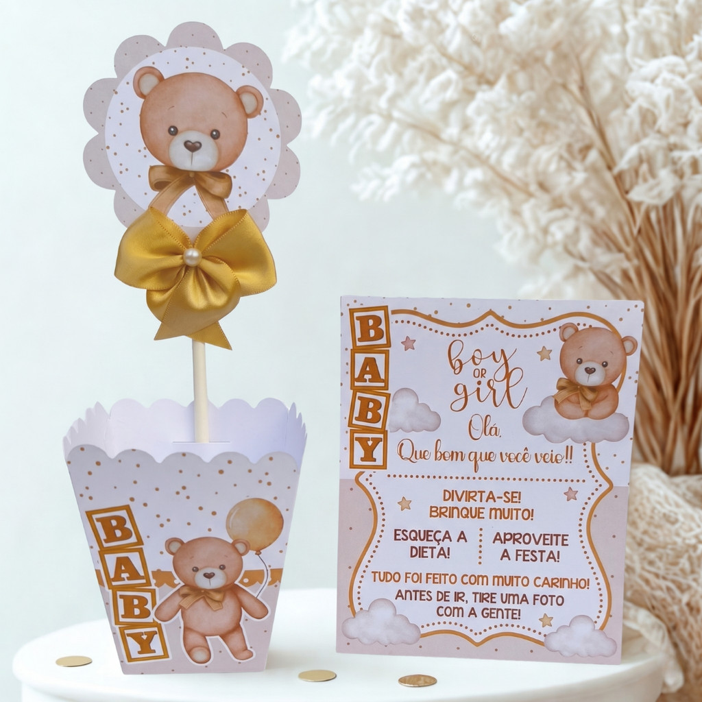 Kit Centro de Mesa + Plaquinha de Mesa Chá de Bebê Fraldas Revelação Ursinho Dourado | Lembrancinhas | (Pegue e Monte)