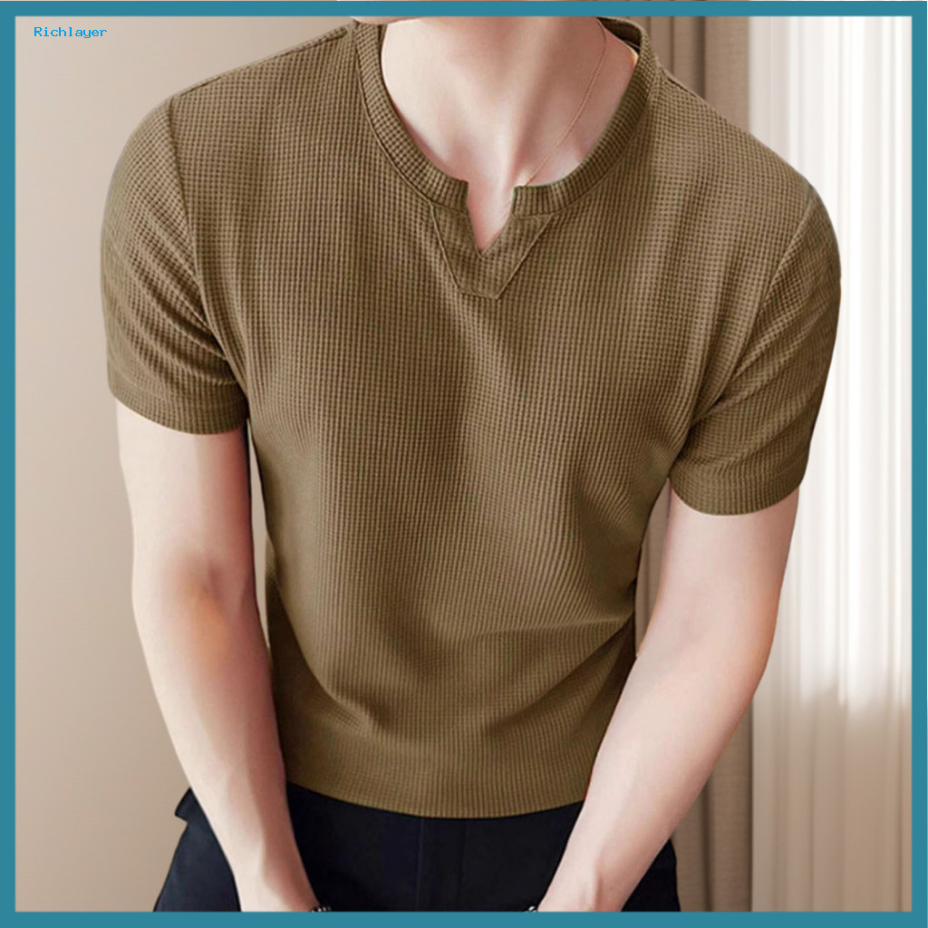 Men Solid Color T-shirt Classic Top Men’s Summer Waffle V-neck – Short Sleeve Pullover Tee Lightweight Breathable fo