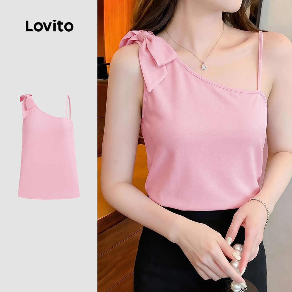 Lovito Blusa Elegante Assimétrica com Laço Leve e Estilosa Top Rosa Claro de Primavera/verão para Mulheres LK4ED1796