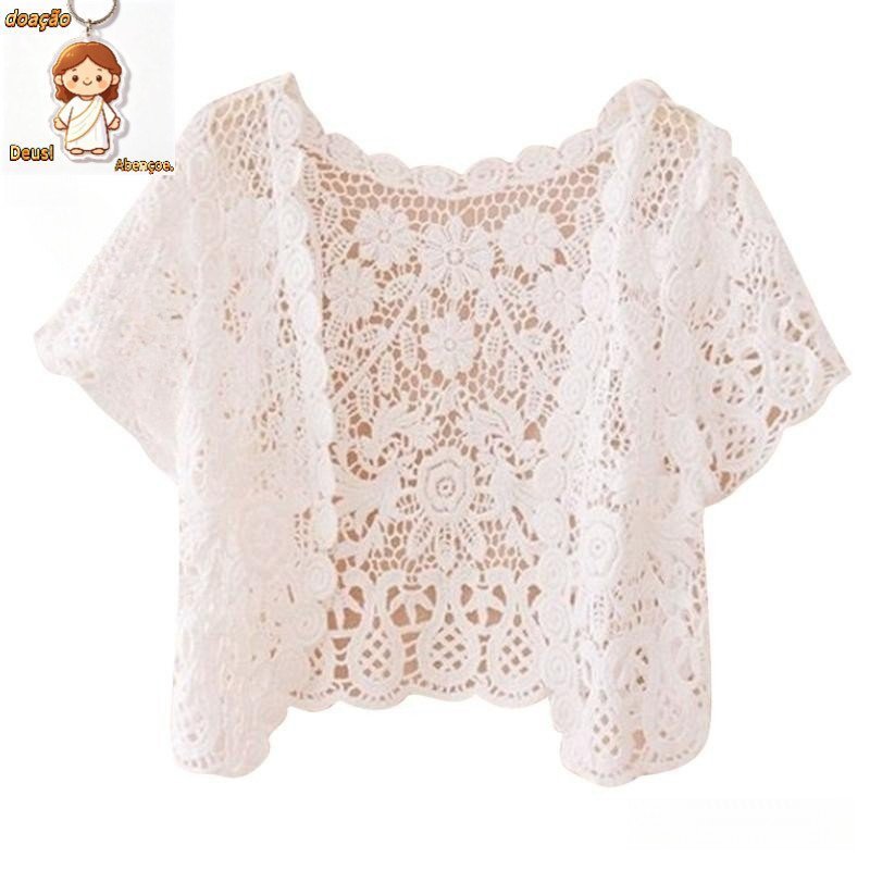 dusur9 Bolero Feminino De Renda Com Ombros Curta Crop Top Crochê Cardigã Floral（Dar chaveiro）