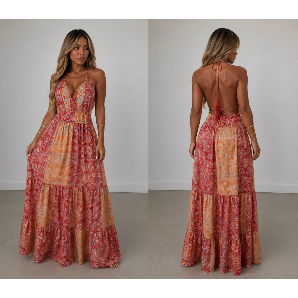 Vestido Boho longo festa elegante feminino com alça estampado tecido seda indiano casamento, civil, madrinha, festa.