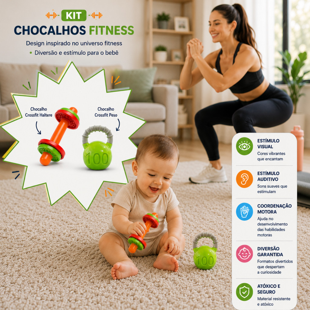Brinquedo KIT Chocalho Mordedor Bebê Haltere + Peso Crossfit Fitness Sensorial Atóxico