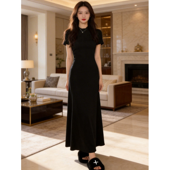 Elegante magro-ajuste A linha grande balanço saia longa feminina verão pequeno em torno do pescoço vestido de manga curt