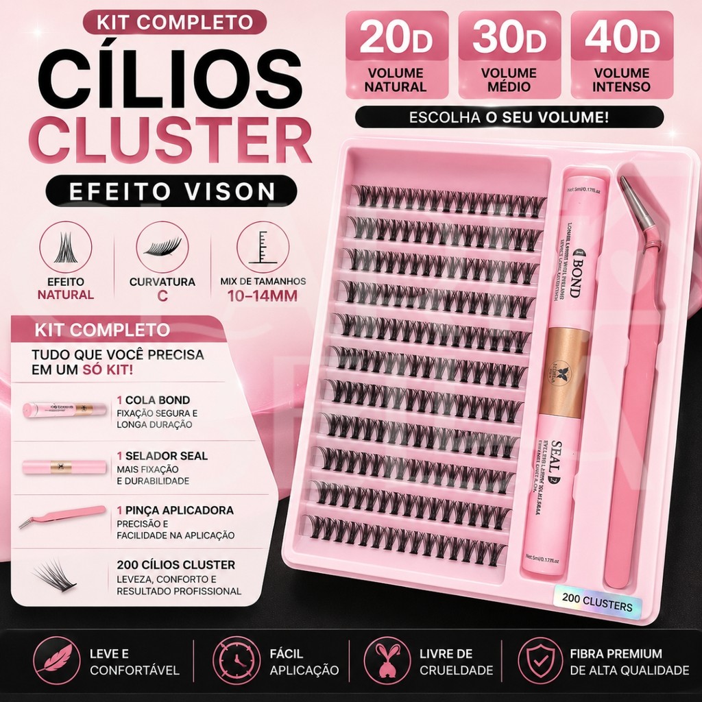Kit Cílios Cluster 20D 30D 40D Mix 10-14mm Curvatura C Com Cola Selador E Pinça Efeito Vison