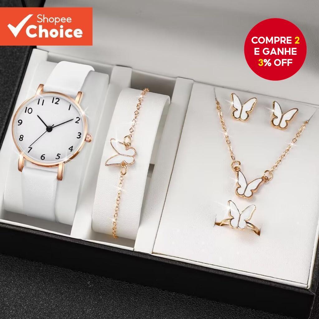 Conjunto De Jóias Femininas Minimalista Algarismos Romanos Relógio Pulseira Colar Brincos Anel Presente Aniversário