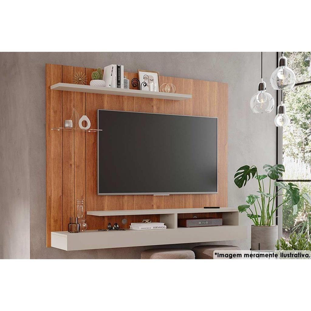 Painel Quarto p/ TV até 50 Polegadas Valência Plus c/ Prateleira e Nichos 160x135cm Cinamomo/Off White - Permóbili