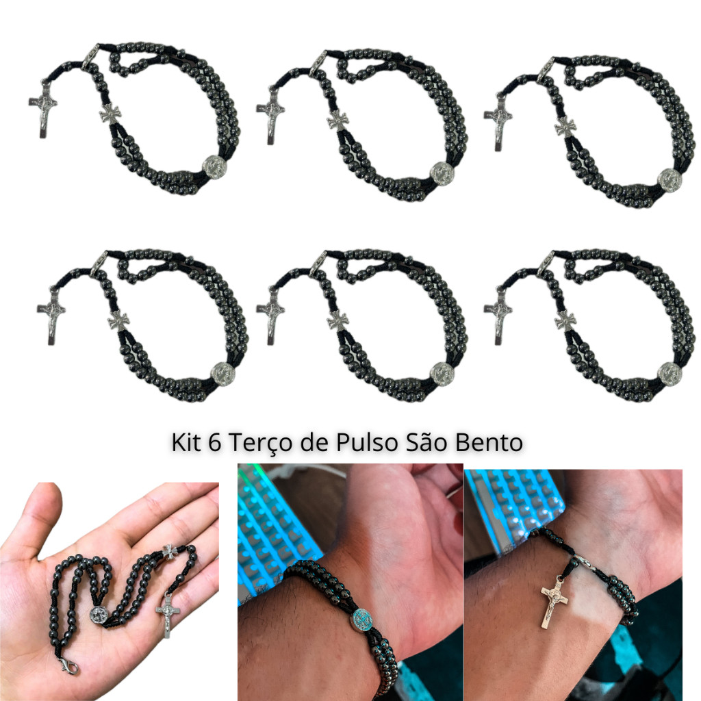 Kit 6 Terço de Pulso Pulseira São Bento Hematita e Aço Inox