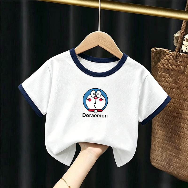 Fresco azul branco contraste cor crianças de manga curta camiseta verão puro algodão impressão dos desenhos animados mas