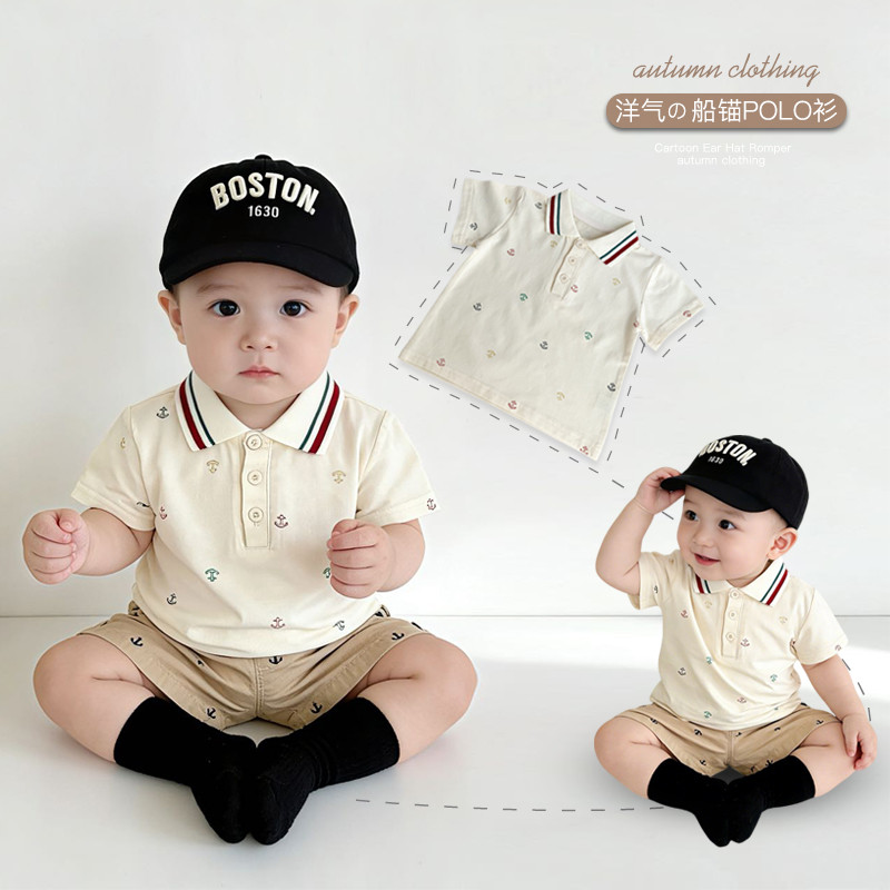 Ins versão coreana crianças meninos camisa POLO de manga curta lapela impressa camiseta estilo fino bebê Casual topo res