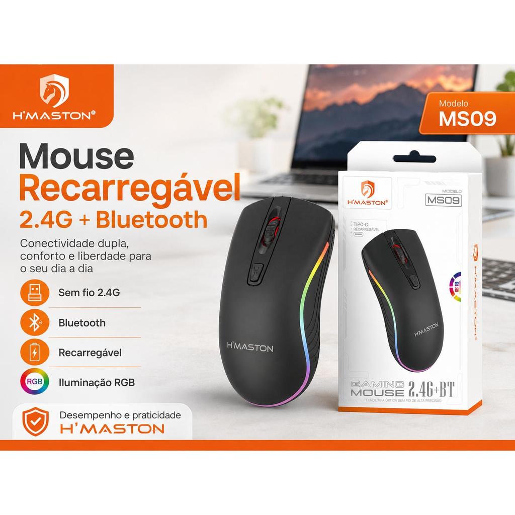 Mouse Gamer Sem Fio HMASTON MS09 2.4G + Bluetooth Recarregável Tipo-C com LED RGB
