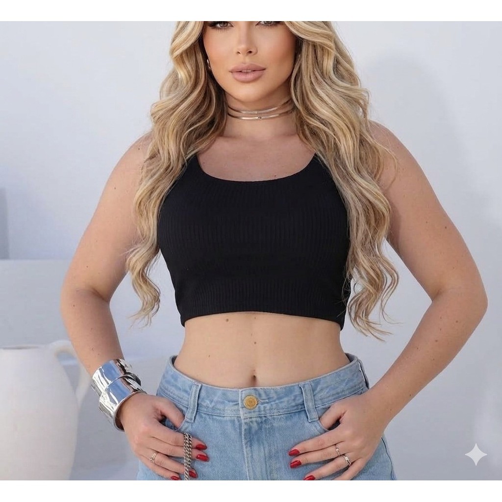blusa cropped feminino decote U na frente canelado estica perfeito top too