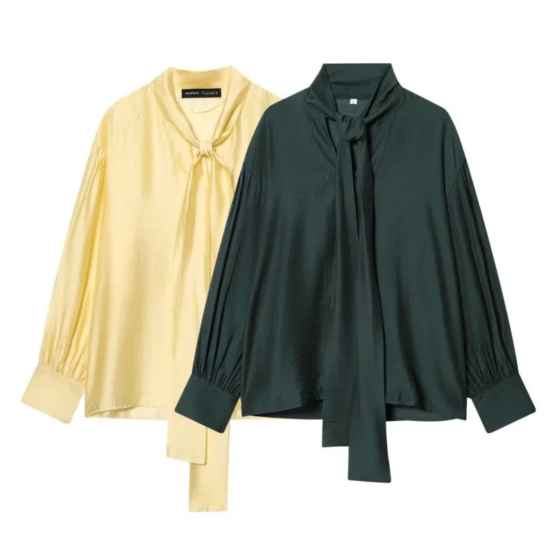 Camisa Feminina de Cetim com Laço, Manga Longa, Barra Assimétrica, Casual Primavera Verão, Camisa e Blusas Femininas Lis