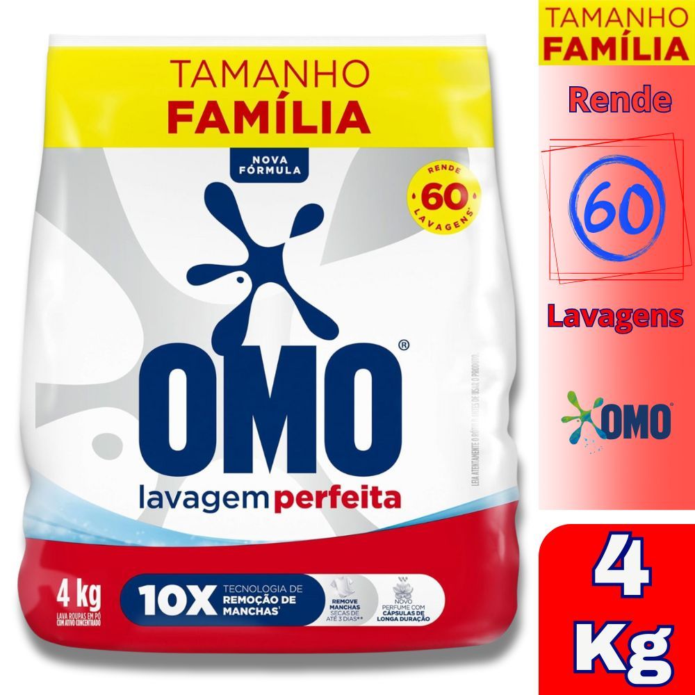 Sabão Pó OMO Lavagem Perfeita 4kg | 1/2/3 Unidades | Pacote Família Bag