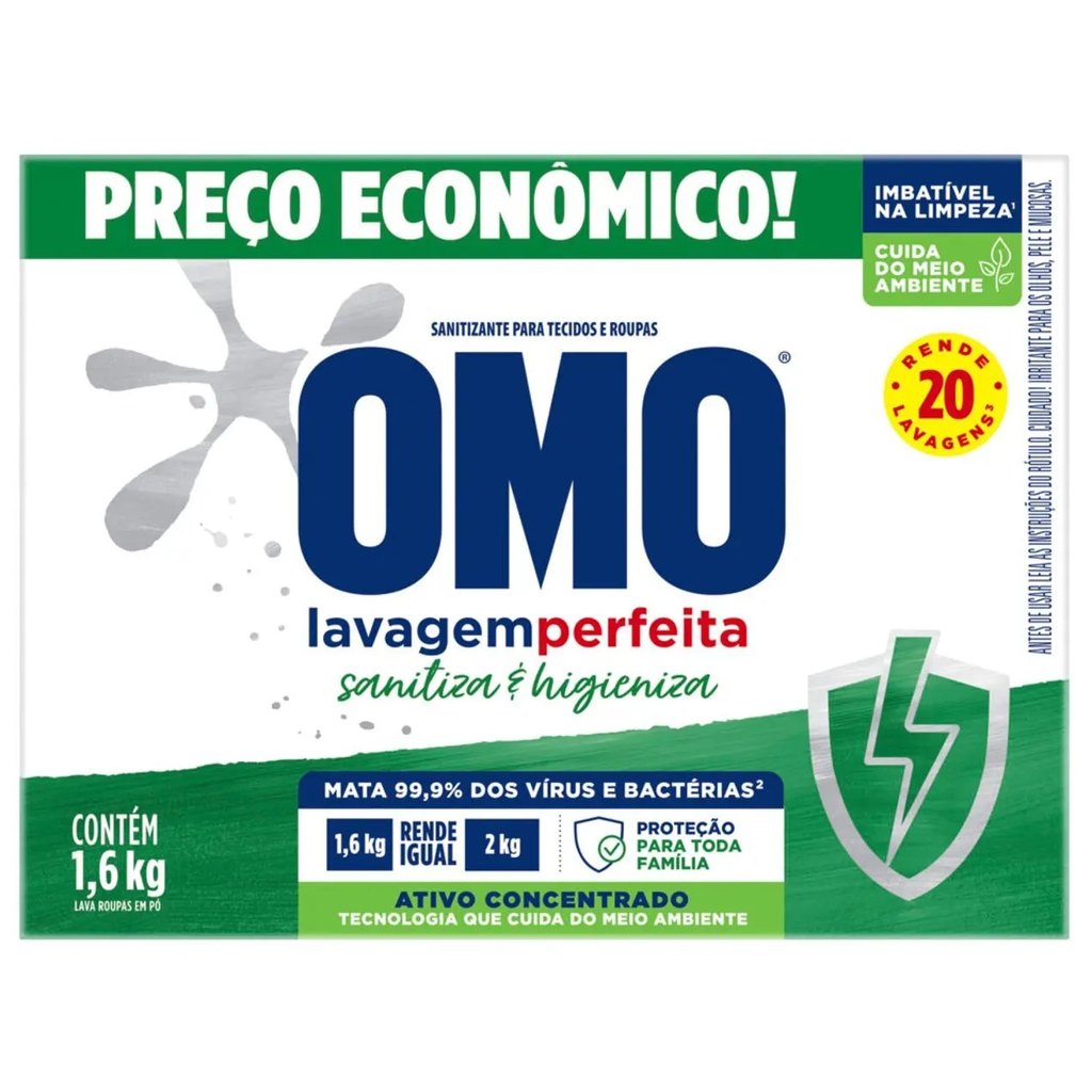 Sabão Pó Omo Lavagem Perfeita 1,6kg | Sanitiza Higieniza | 1/2/3un | Concentrado