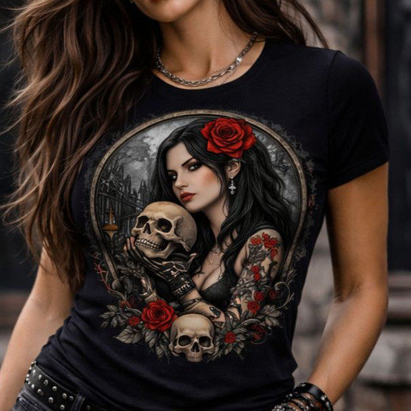 BLUSA TSHIRT PRETA 100% ALGODÃO ESTILO GÓTICA ROCK CATRINA ROSAS VERMELHAS TATOO.MODA CASUAL