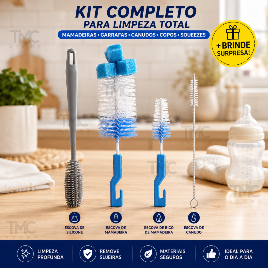Kit 4 Escovas 02 Mamadeiras + 01 Silicone + 01 Canudo