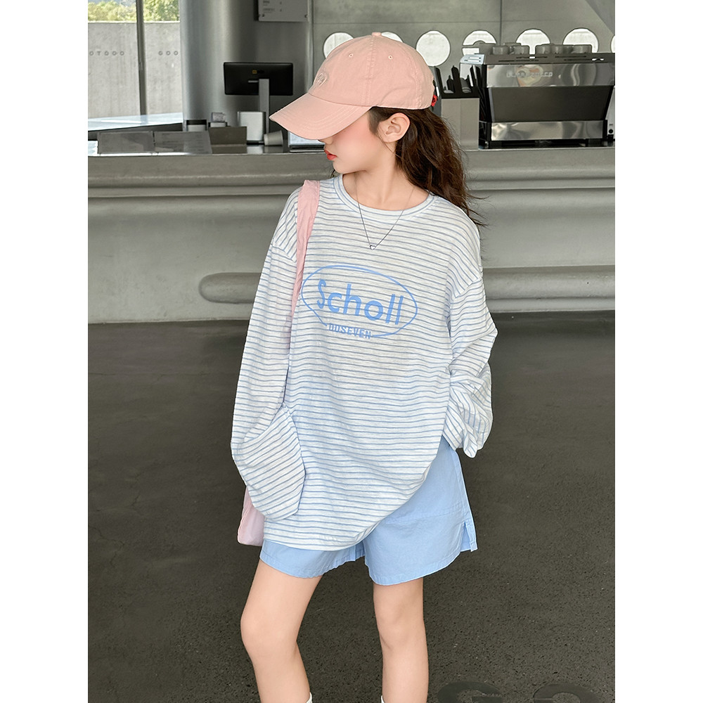 Grande menina protetor solar terno verão 2026 novo estilo estilo coreano crianças listrado manga comprida camiseta Short