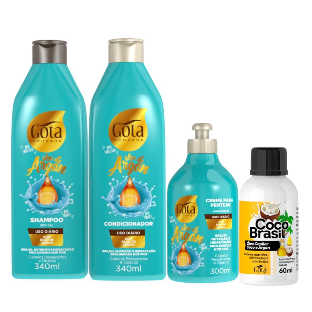 Kit Gota Dourada Argan Shampoo + Condicionador 340ml + Creme de Pentear 300ml + Óleo de Argan 60ml