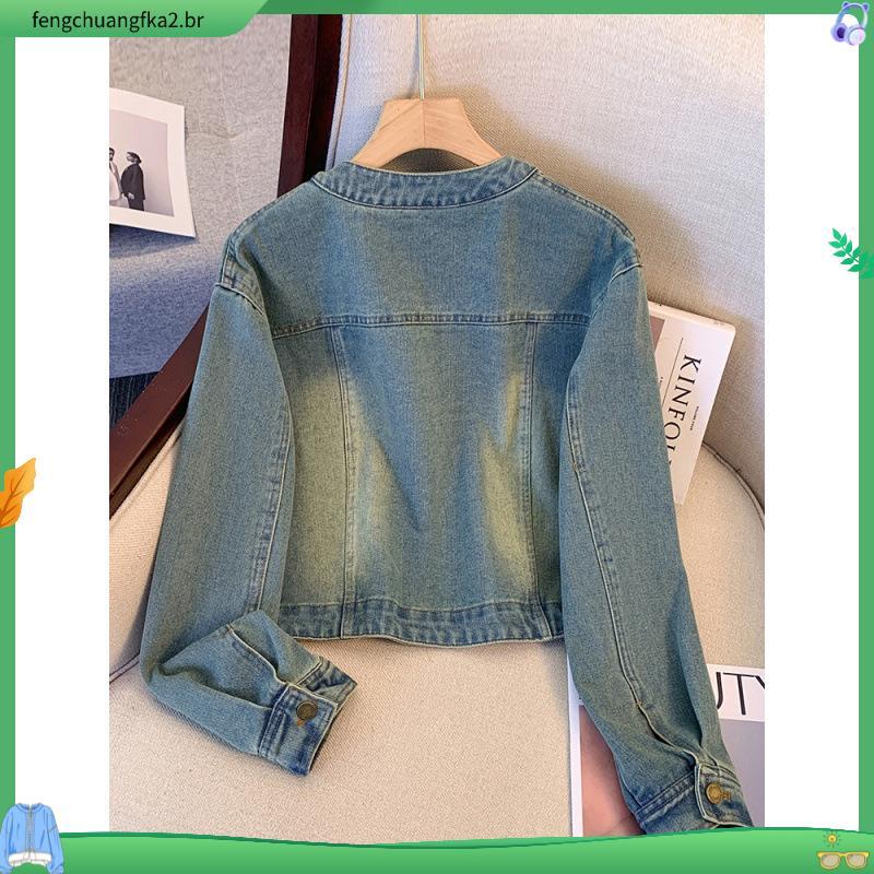 Jaqueta jeans curta retrô feminina com gola redonda jaqueta jeans Top
