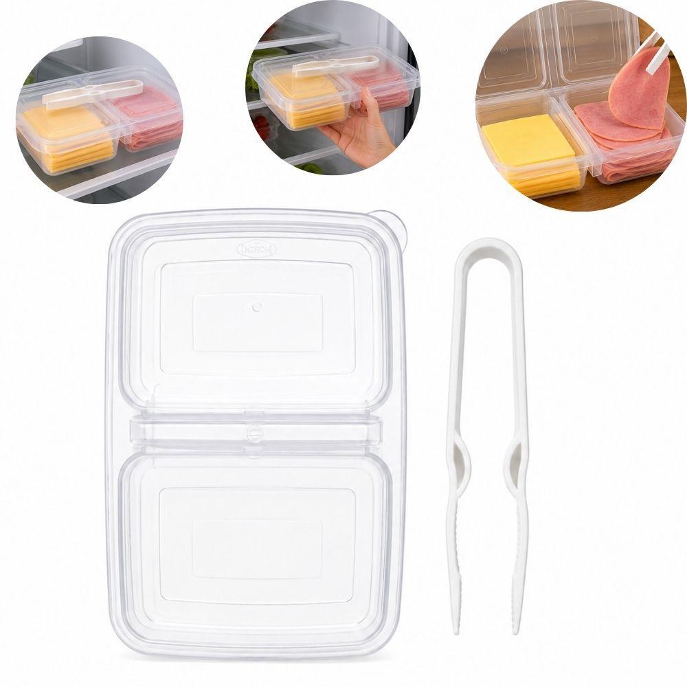 PORTA FRIOS 3 PEÇAS DUPLO COM PINCA HIGIENICA ORGANIZADOR 2 DIVISORIAS GELADEIRA TAMPA TRANSPARENTE EMBUTIDOS ALIMENTOS