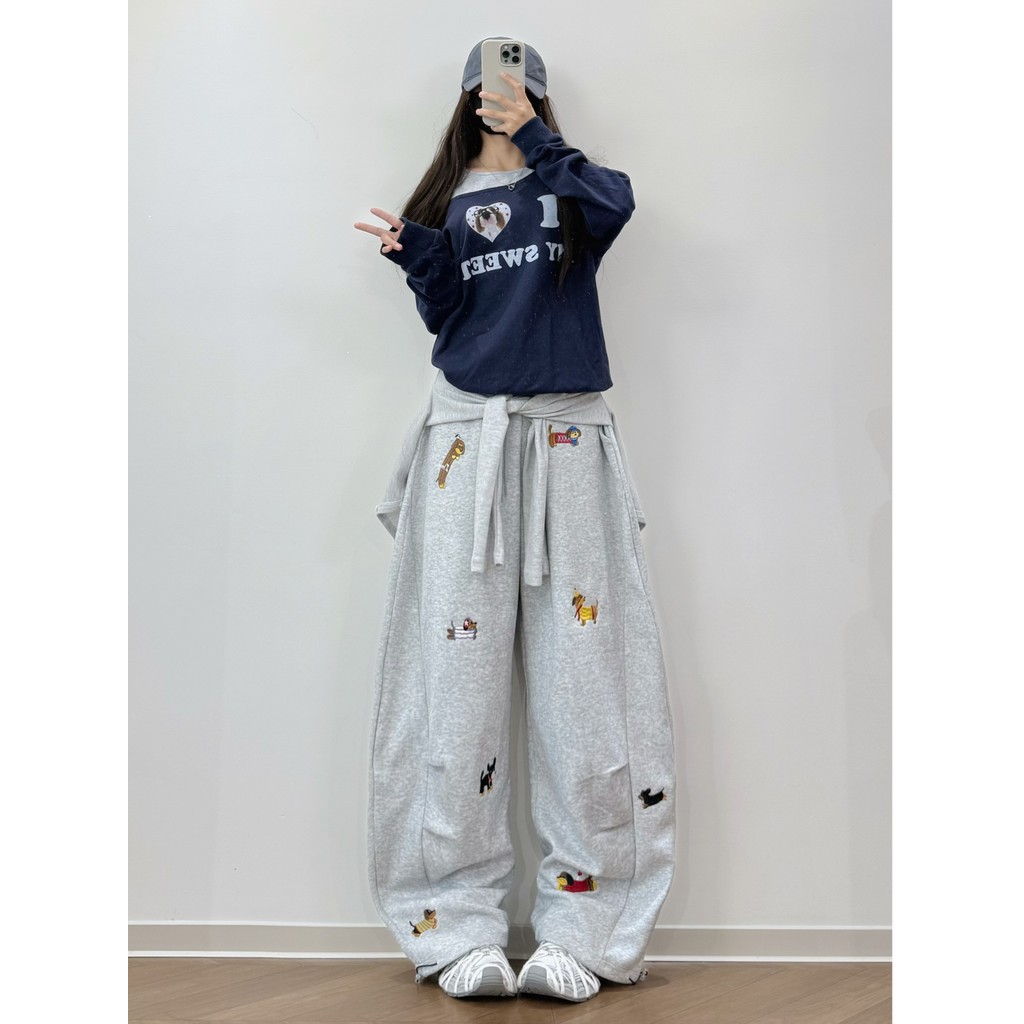 XXBUNI outono inverno dança Wear feminino cinza Dachshund bordado calças casuais feminino Machete calças soltas calças d