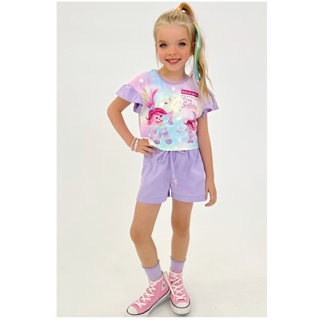 Conjunto Feminino verão de Blusa Cropped e Shorts em Sarja Stretch Trolls KUKIÊ
