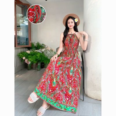 Vestido boêmio feminino fino à beira-mar férias praia vestido cintura alta Floral algodão seda vestido longo