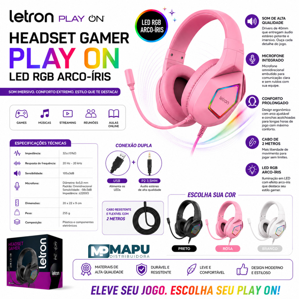 Headset Gamer Letron Play ON LED RGB Arco-Íris Com Microfone P2 3,5mm USB Preto Rosa Branco
