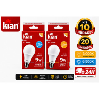 Kit 5 /10 /20  Lâmpadas LED Kian 9W Luz Branco Frio 6500K / Luz Amarela 3000k Bivolt Alta Potência Com Bocal E27 Bulbo