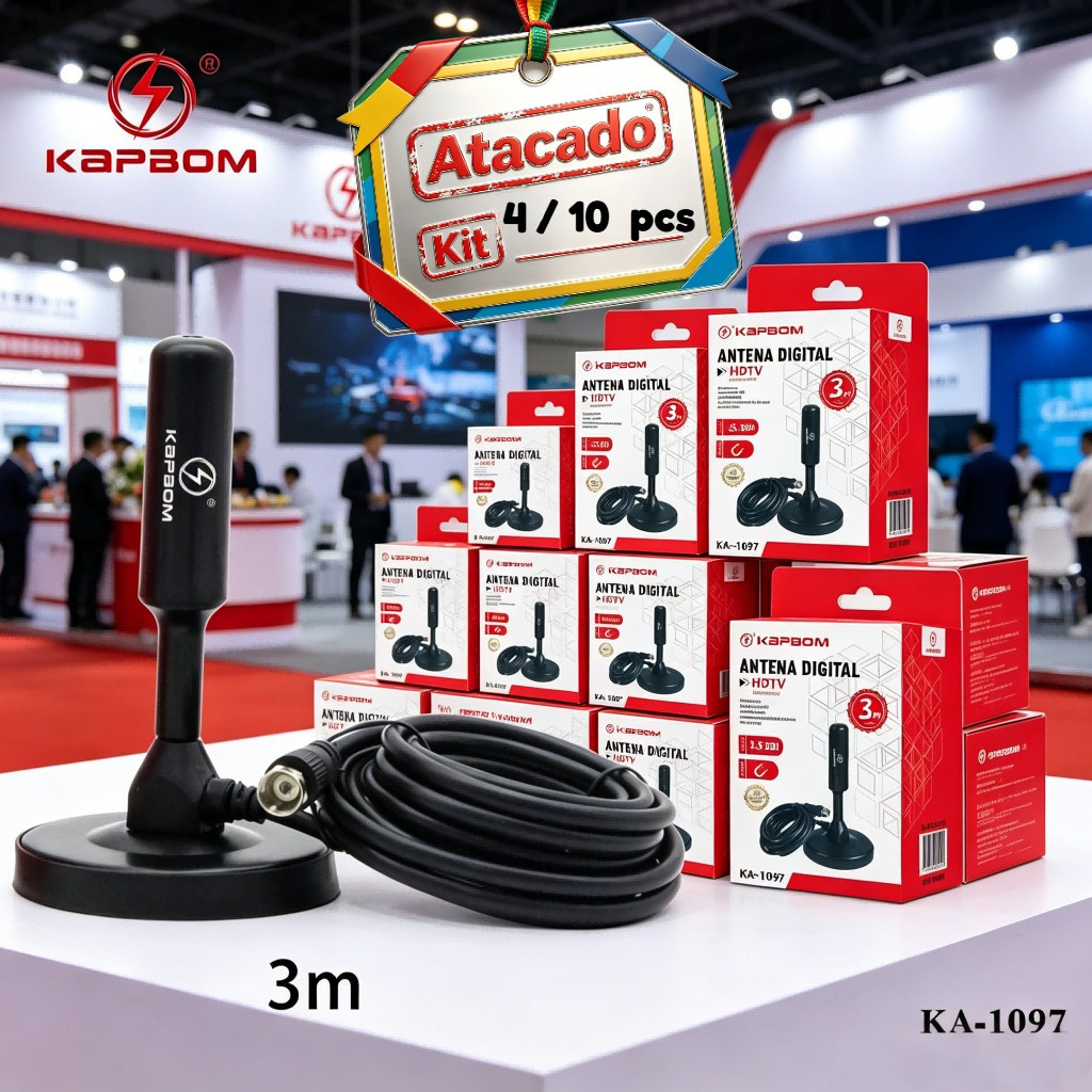 Atacado Kit 4 /10PC Antena Digital HDTV UHF VHF FM Interna E Externa Cabo 3mt Prova D'água  Base Imã Amplificada 3,5 Dbi