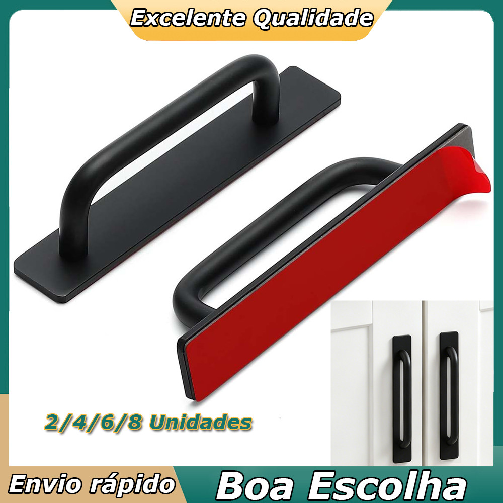 2/4/6/8PCS Alças de Porta sem Furo liga de alumínio com Adesivo para Portas Correr Armários Gavetas Preto 14.8x2.5x3.5cm