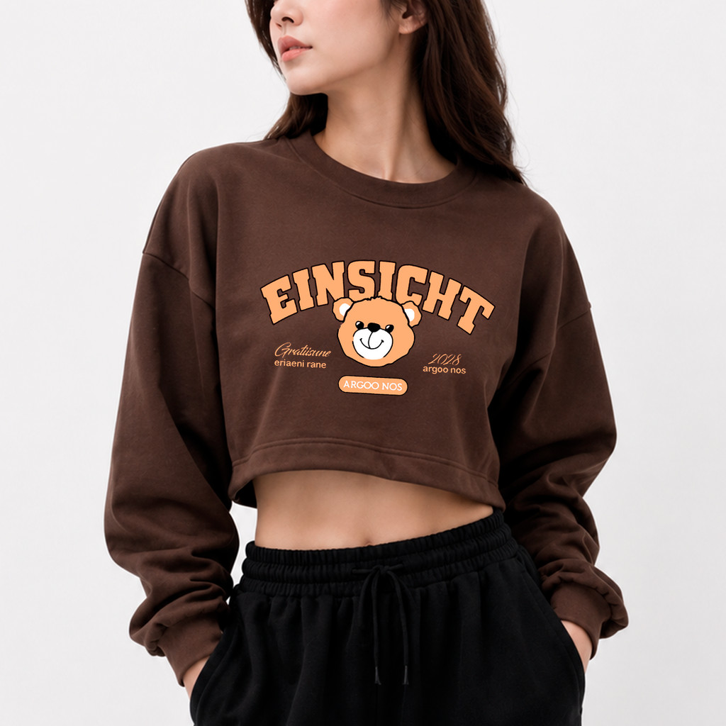 Moletom  Cropped Gola Redonda Einsicht Ursinho Fofo College Casaco Algodão Feminino Blusa De Frio