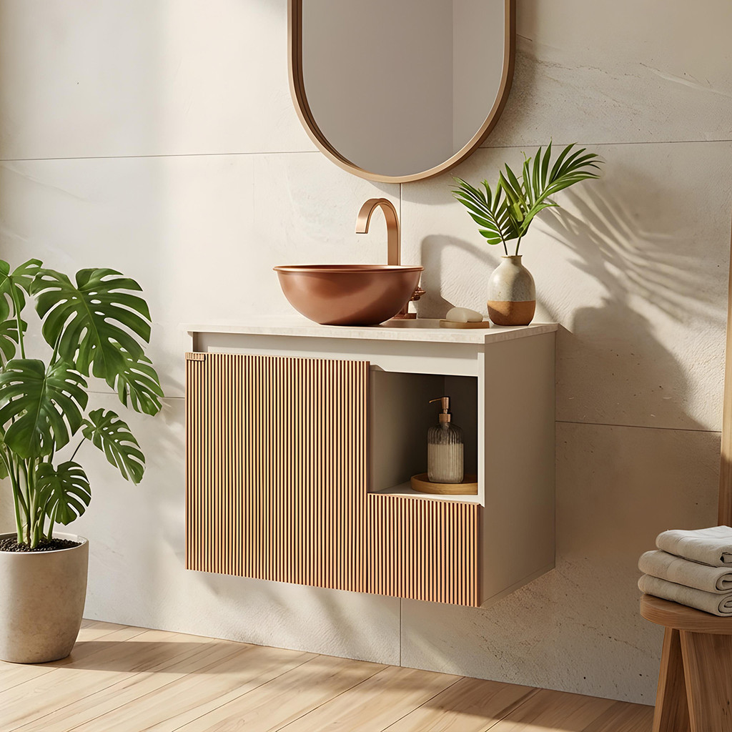 Gabinete Armário para Banheiro Suspenso Ripado com Cuba Design Moderno Lavabo