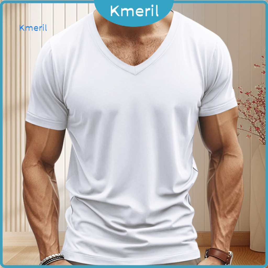 Solid Color V-neck Tee Men T-shirt Men's Summer Quick-dry Short Sleeve Loose Fit Pullover Mid-length Top for Sports Offi