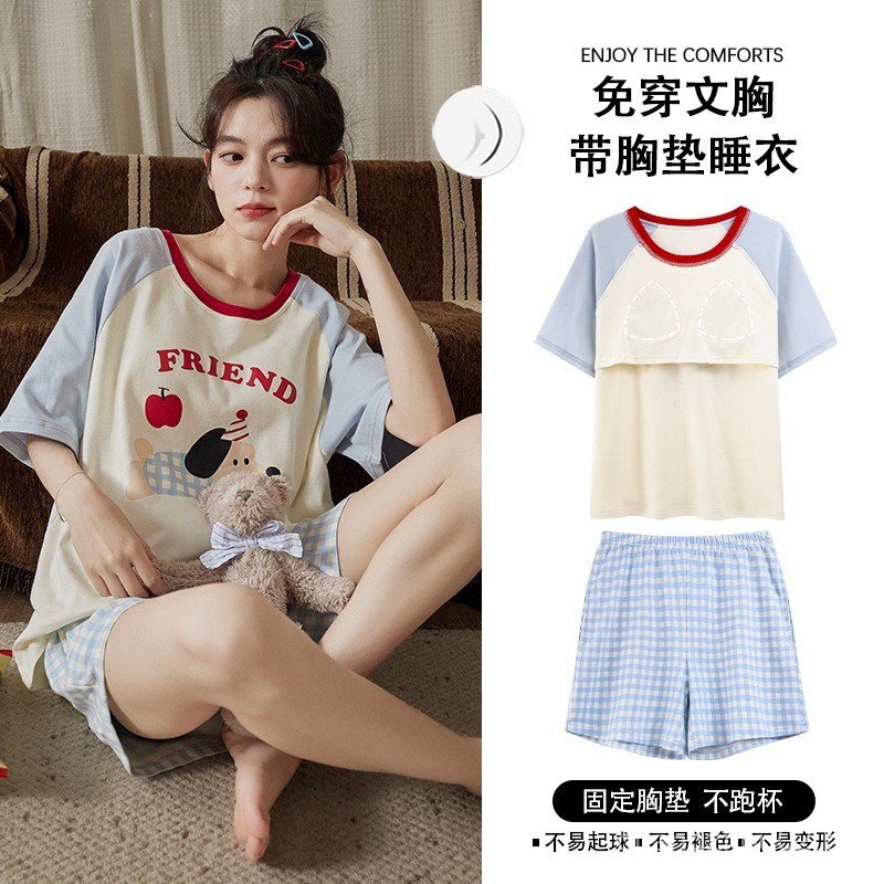 Pijama Feminino Novo de Verão de Manga Curta com Bojo, Conjunto Fino de Algodão Estampado para Uso Doméstico e Externo 4