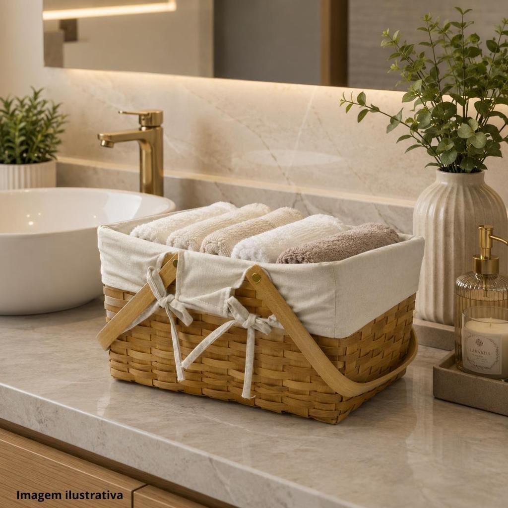 Kit 2 Cestos de Palha Organizador Multiuso Cesta Organizadora Revestida em Tecido Alça Decoração