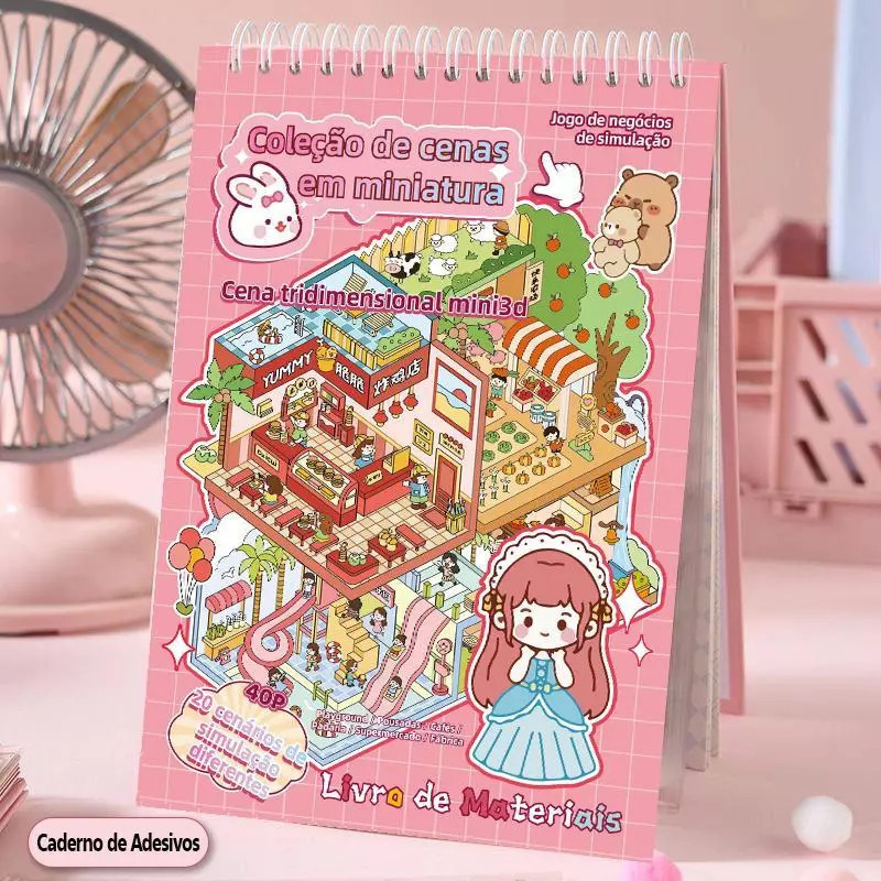 Livro Adesivos Diy 3d 20 Cenários Capa Dura + Pinça Fofos Anti Stress E Ansiedade
