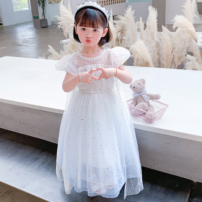 Verão novo estilo congelado Elsa vestido de princesa médio pequenas meninas longo vestido de gaze fofo um ano de idade v