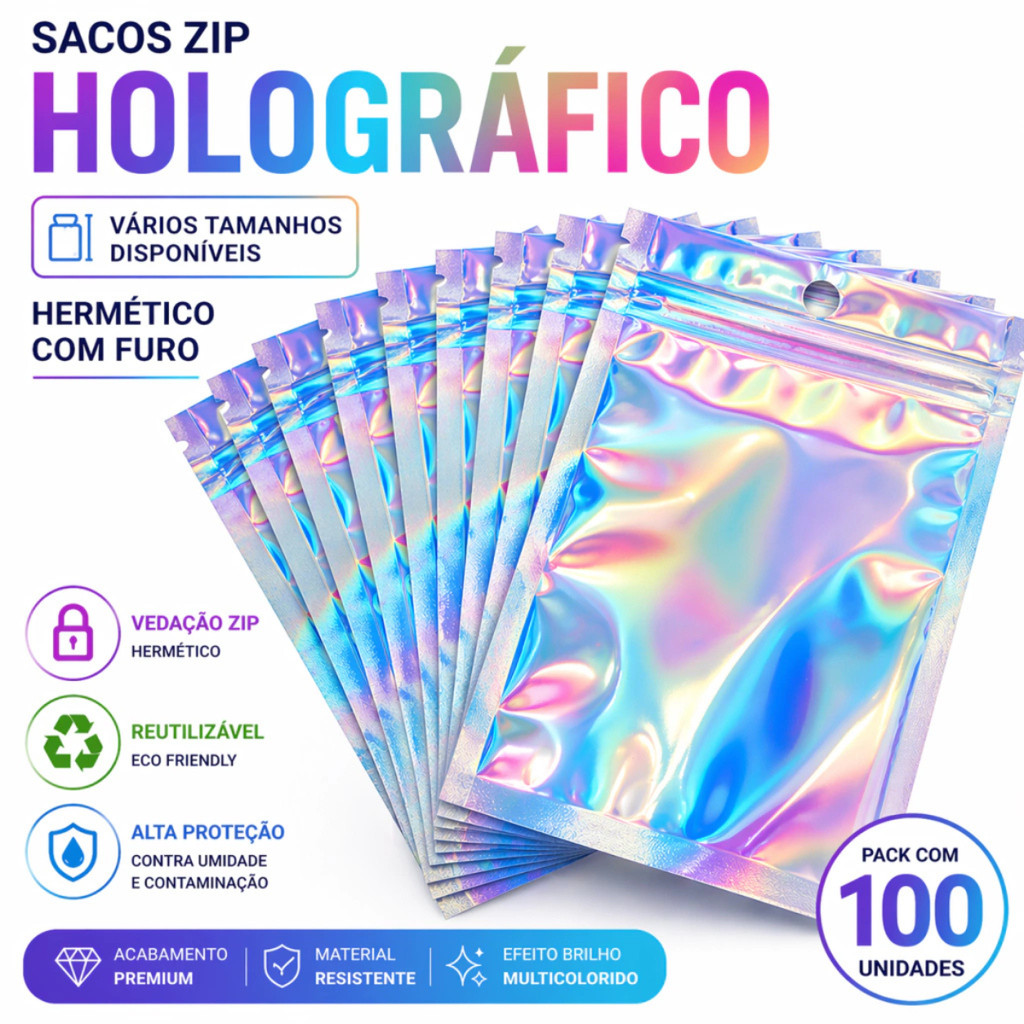 Sacos Zip Holográfico Hermético Frente Transparente c/ Furo com 100/50/10 unidades