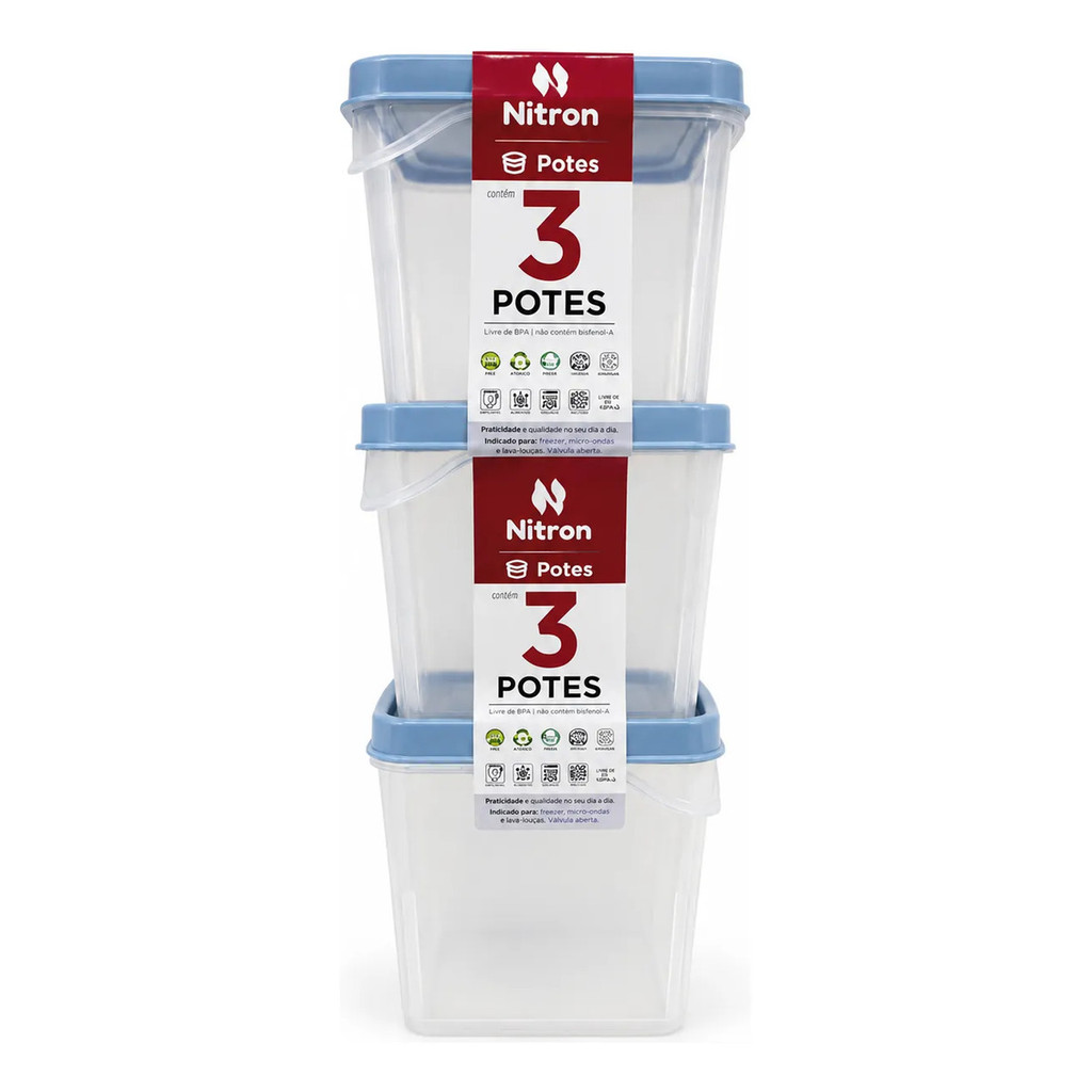 Kit 3 Potes Plástico Com Tampa 450ml Azul Multiuso Mantimentos Organizador Cozinha 