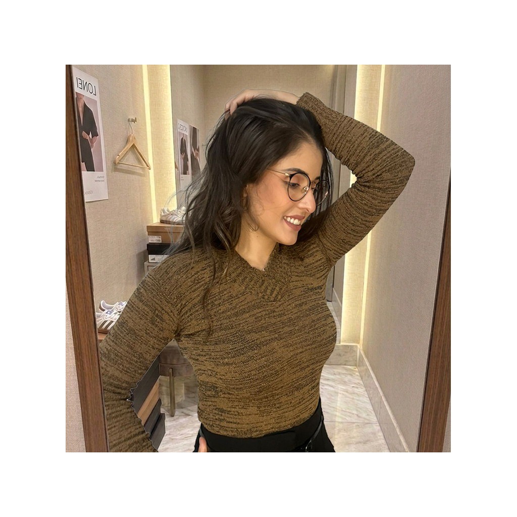 Blusa Tricot manga longa Básica gola V com elastano estilo suéter tricô feminino